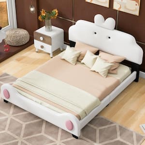 White Wood Full Size PU Leather Upholstered Platform Bed with Cartoon Ears Shaped Headboard, Pink Paw Shaped Footboard