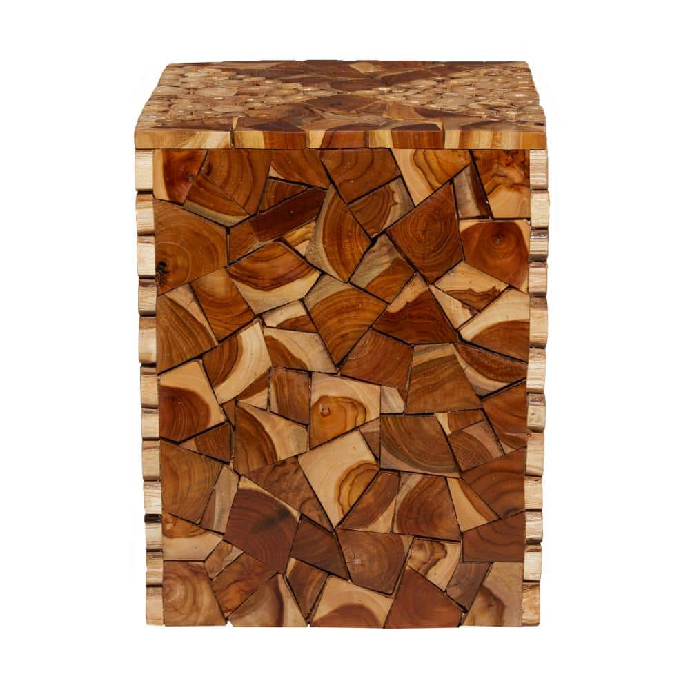 Handcrafted 14" Brown Teak Wood Mosaic Accent Table