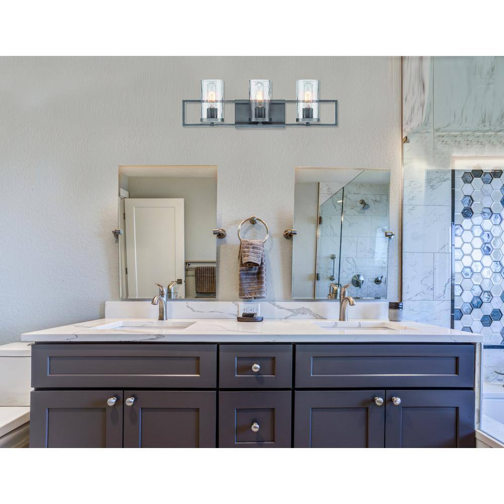 Charcoal Black 24" Contemporary 3-Light Bath Bar with Rain Glass Shades