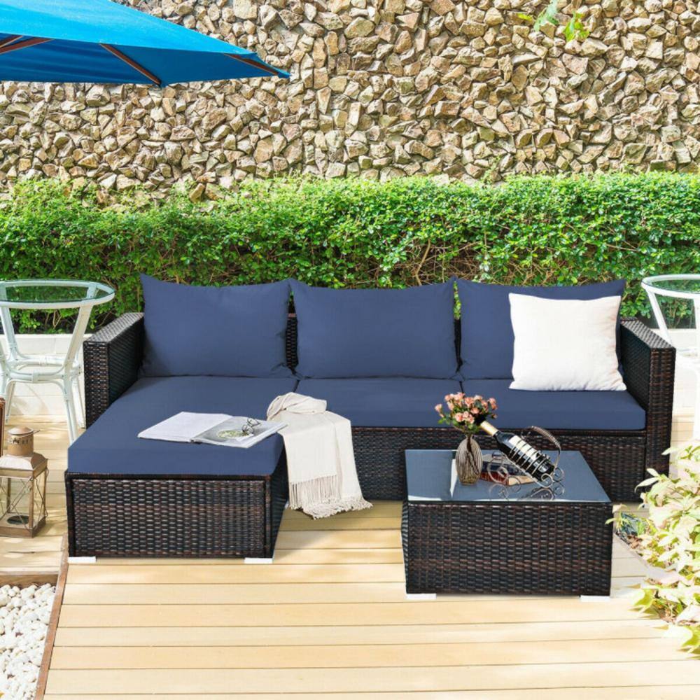 Navy Cushioned 5-Piece Brown Aluminum Patio Set