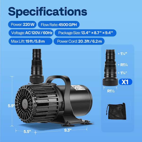 VIVOHOME Electric 220-Watt 0.3 hp 4500GPH Submersible Water Pool