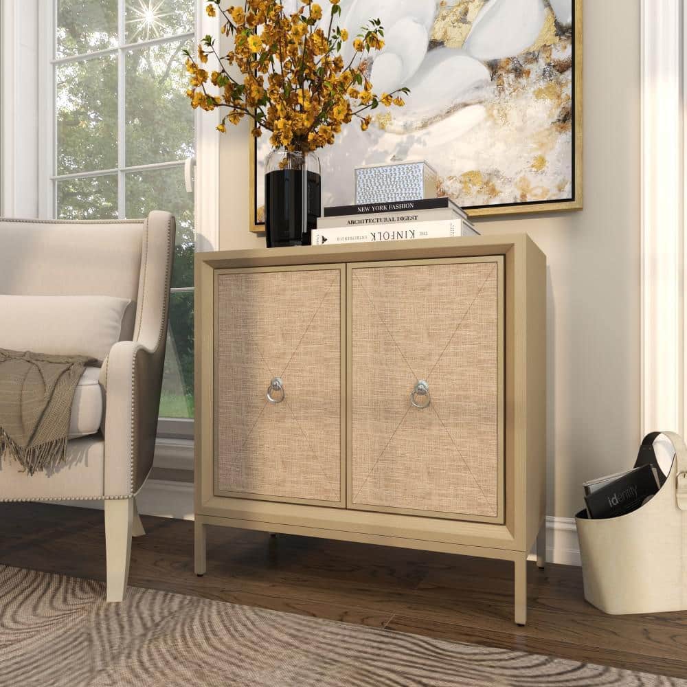 Beige Mirrored Fir Wood Upholstered Accent Cabinet