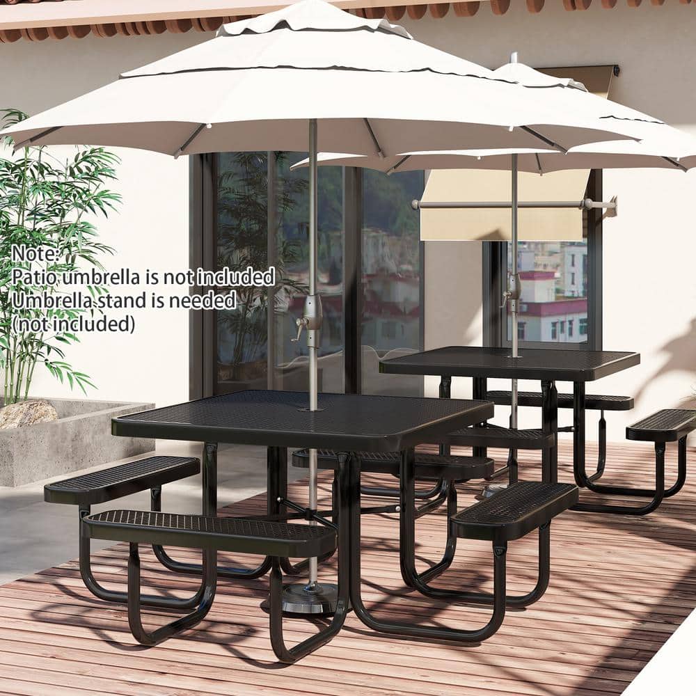 76 in. Black Square Steel Frame Picnic Table and Benches 8 People with Umbrella Hole price history on PriceWatchPro