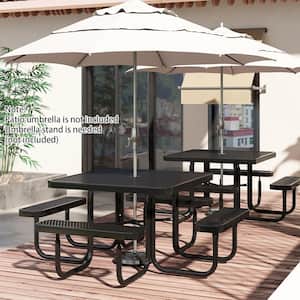 76 in. Black Square Steel Frame Picnic Table and Benches 8 People with Umbrella Hole