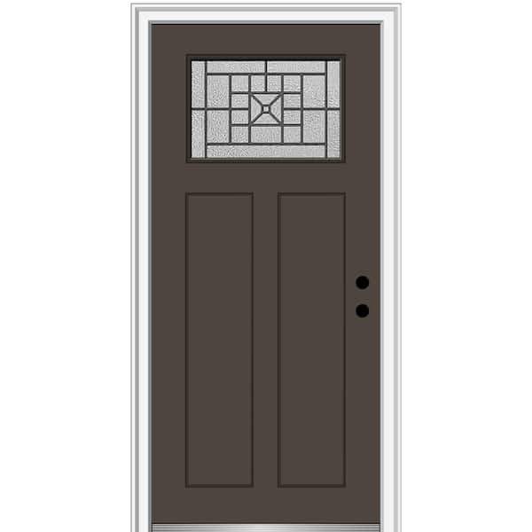MMI DOOR Courtyard 32 in. x 80 in. Left-Hand 1-Lite 2-Panel Shaker Painted Brown Fiberglass Smooth Prehung Front Door