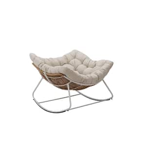 Anandaraja White Wicker Metal Outdoor Rocking Chair with Beige Cushions