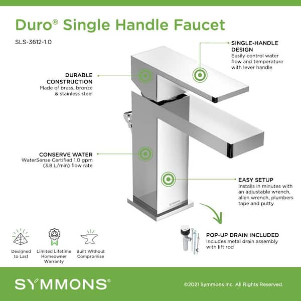 Symmons Sls-3612 DURO Single Handle Chrome Lavatory Faucet Drain Included for sale online