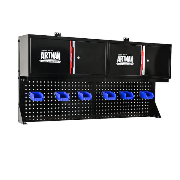 64.21"Lx11.93"W 4-Draw Wall-mounted Double-door Stainless Steel Side Tool Locker, with Tool Rack & Hanging Basket Hook