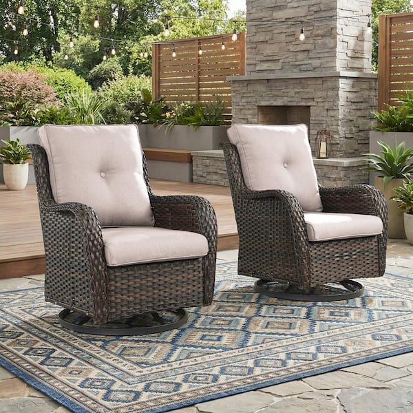 WellCane Brown 2-Piece Wicker Outdoor Swivel Glider Patio Rocking Chair with 3.9in Thick Olefin Beige Cushions For Porch