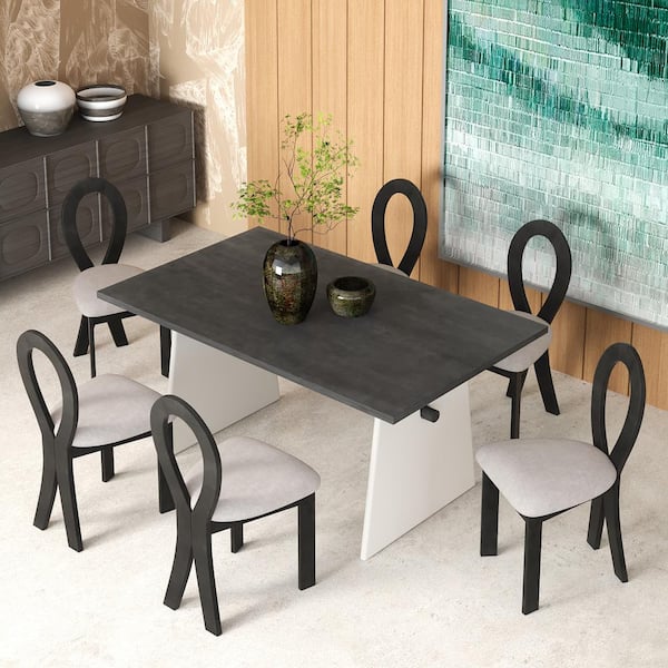 7-Piece Rectangle Gray Wood Top Dining Table Set Seats 6 with Trestle Table and 6 Linen Upholstered Chairs