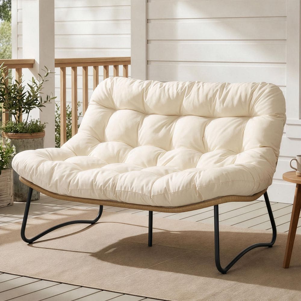 1-Piece Wicker Outdoor Loveseat Patio Papasan Lounge Egg Chair with 5.5 in. Beige Cushion