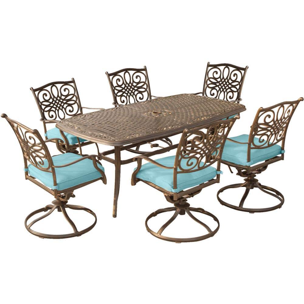 Bronze Aluminum Outdoor Dining Set with Blue Cushions