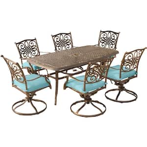 Traditions 7-Piece Aluminum Outdoor Dining Set with Rectangular Cast-Top Table and Swivel Chairs with Blue Cushions