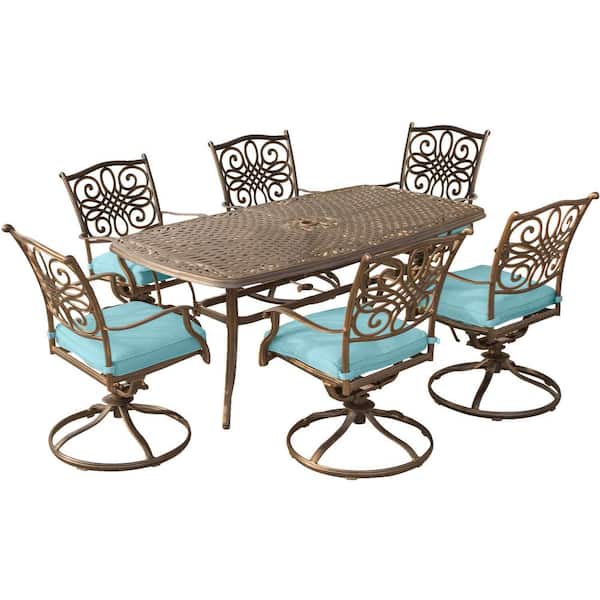 Hanover Traditions 7-Piece Aluminum Outdoor Dining Set with Rectangular Cast-Top Table and Swivel Chairs with Blue Cushions