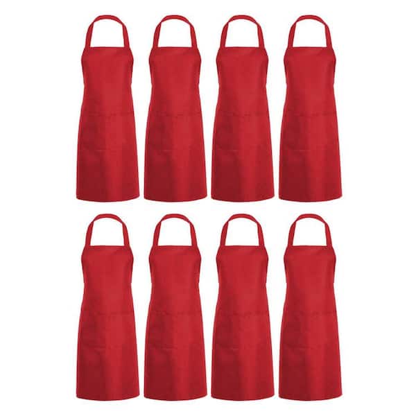 Red Plain Bib Apron with 2 Pockets for Kitchen, Cooking, Restaurant, BBQ, Painting and Crafting (8-Pack)