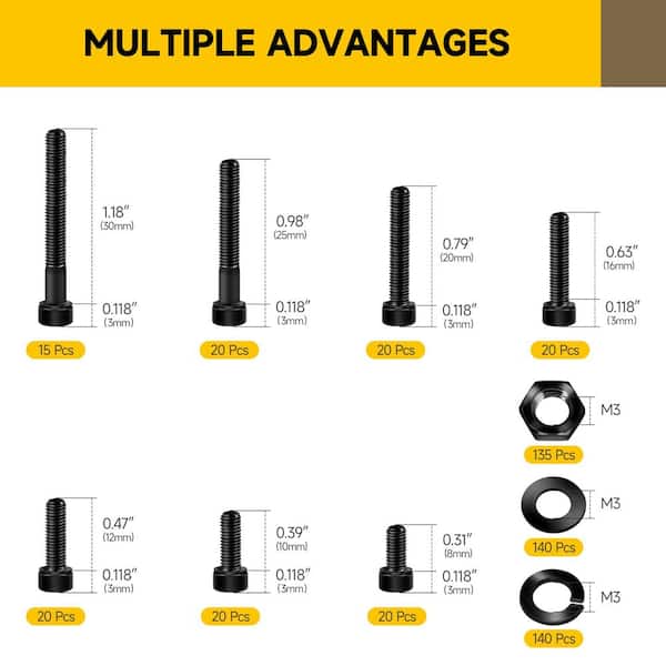 550-Piece M3 Internal Hex Socket Head Cap Screws, Nuts and Washers Assortment Kit, Metric Hex Drive Bolt Set