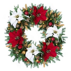 30 in. Pre-Lit Pine Holiday Artificial Christmas Wreath with White Lights, Red/Gold