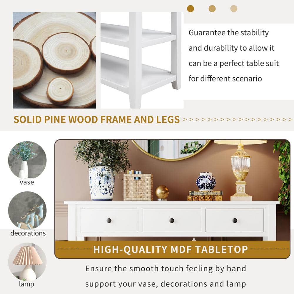 White Pine Wood Console Table with Storage Shelves and Drawers