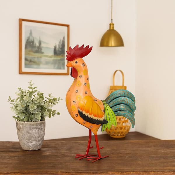 Multi-colored 6 in. x 23.25 in. Metal Decorative Painted Metal Rooster Figurine
