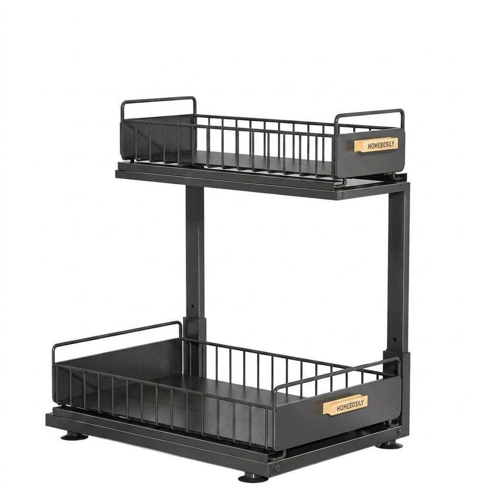 2-Tier Pull Out Under Sink Organizer with Sliding Metal Drawer for Kitchen Bathroom Pantry Cabinet, Black