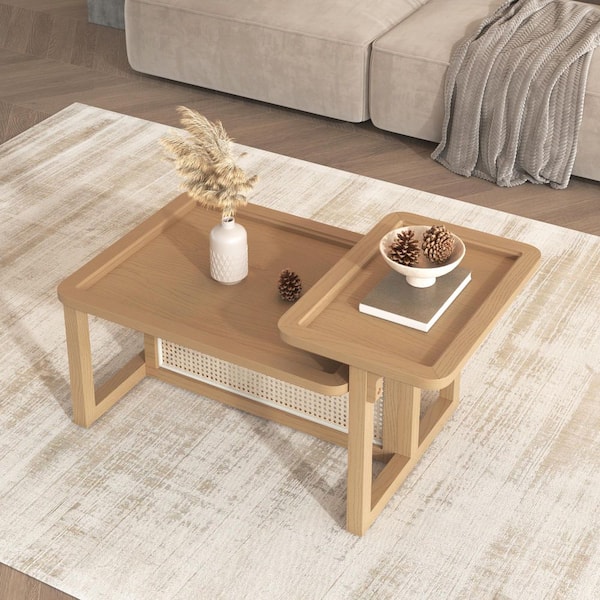 39.6 in. Natural 2-Piece Square Nesting Wood Wood Coffee Table Set with Rattan Design