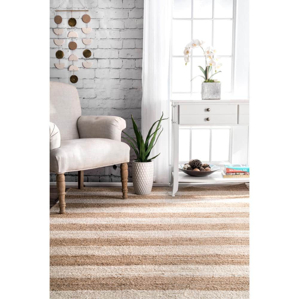 Handwoven Off-White and Stripe Jute Runner Rug, 2'6" x 6'