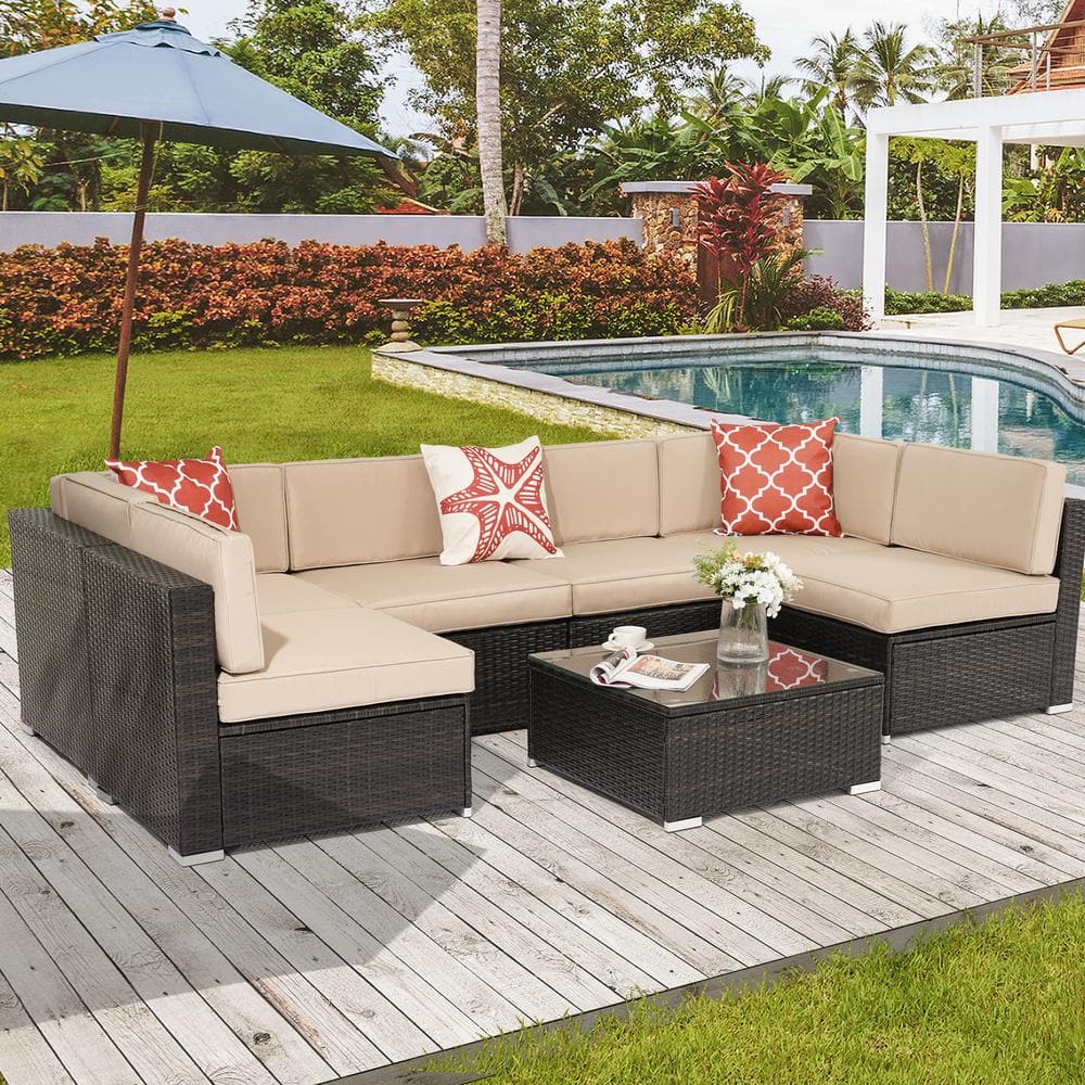 JOYESERY 7-Piece PE Rattan Wicker Outdoor Conversation Furniture ...