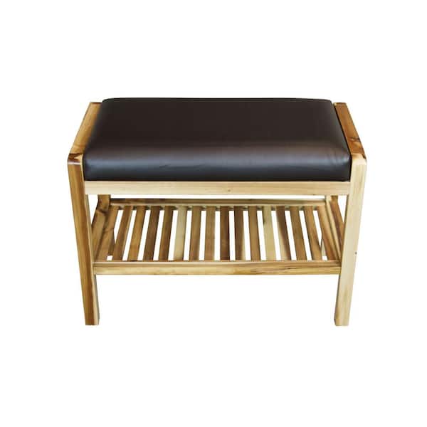 Unbranded Natural Acacia Wood Bench with Black Upolstery 17 in. x 23.75 in. x 12.5 in.