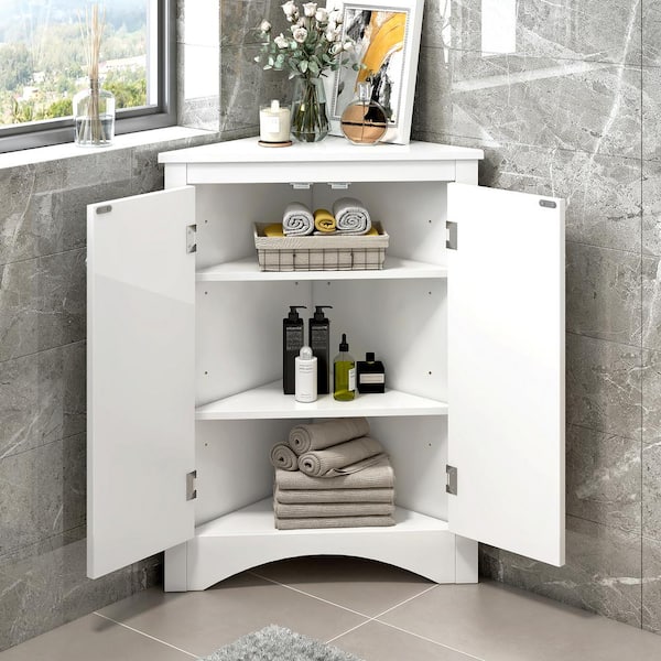 Magic Home 17.2 in. Freestanding Triangle Corner Bathroom Storage Floor Cabinet with Adjustable Shelves, White