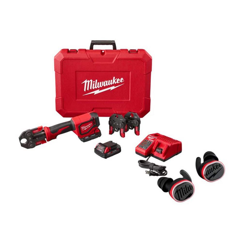 MILWAUKEE M18 18V Short Throw Press Tool Kit with 3 PEX Crimp Jaws (2) 2.0 Ah Batteries and Charger with Jobsite Ear Buds (2674-22C-2191)