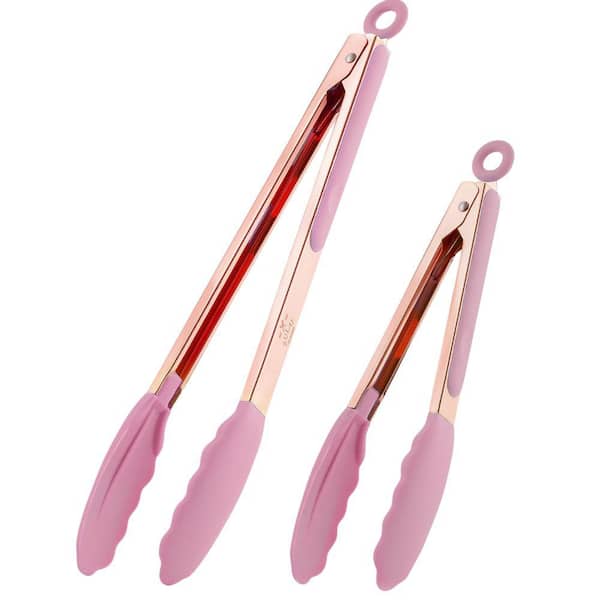 Zulay Kitchen 2-Pack (9 in. and 12 in.) Tongs for Cooking with Silicone Tips - Rose Gold - Pink