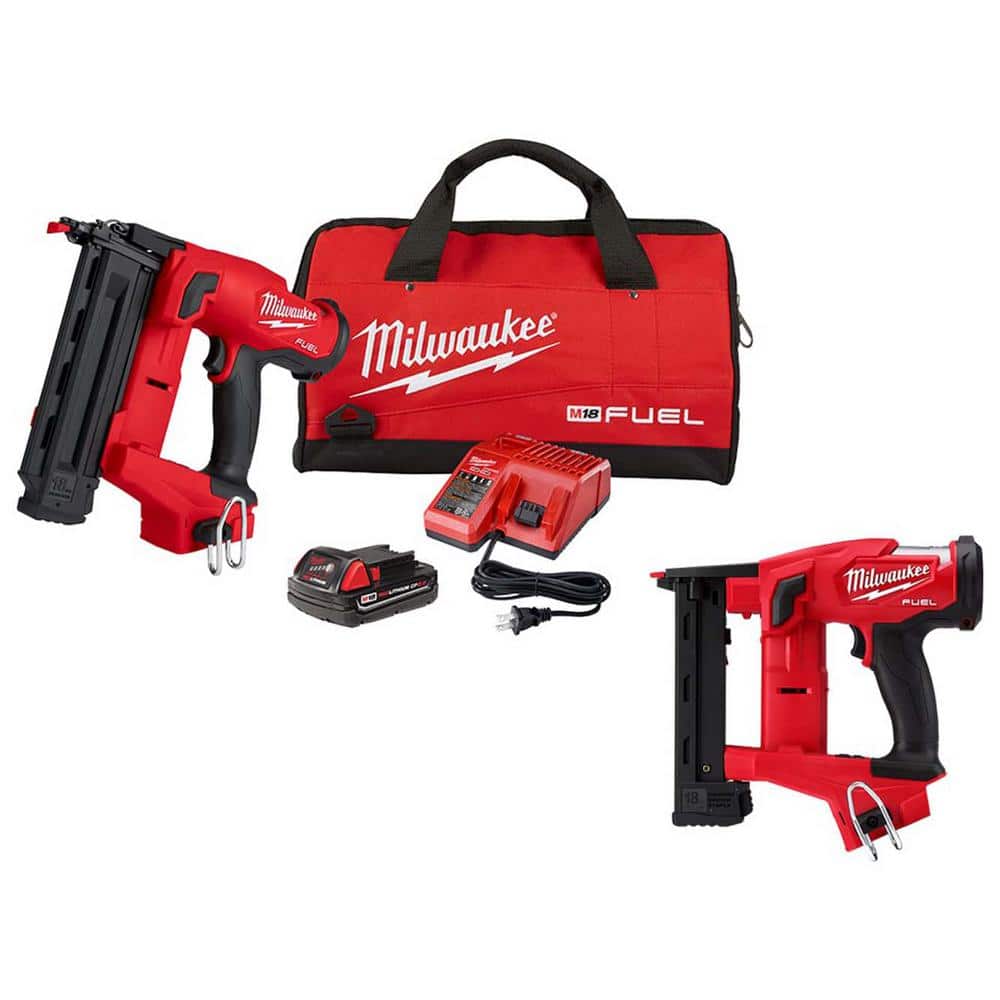 Milwaukee M18 FUEL GEN II 18V 18-Gauge Lith-Ion Brushless Cordless Brad Nailer Kit with One 2.0 Ah Battery & Crown Stapler