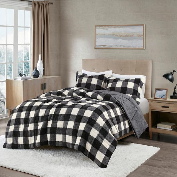 TRUE NORTH Mason Extra Warmth 3-piece Ivory/Black Full/Queen Print Sherpa Down Alternative Comforter Set