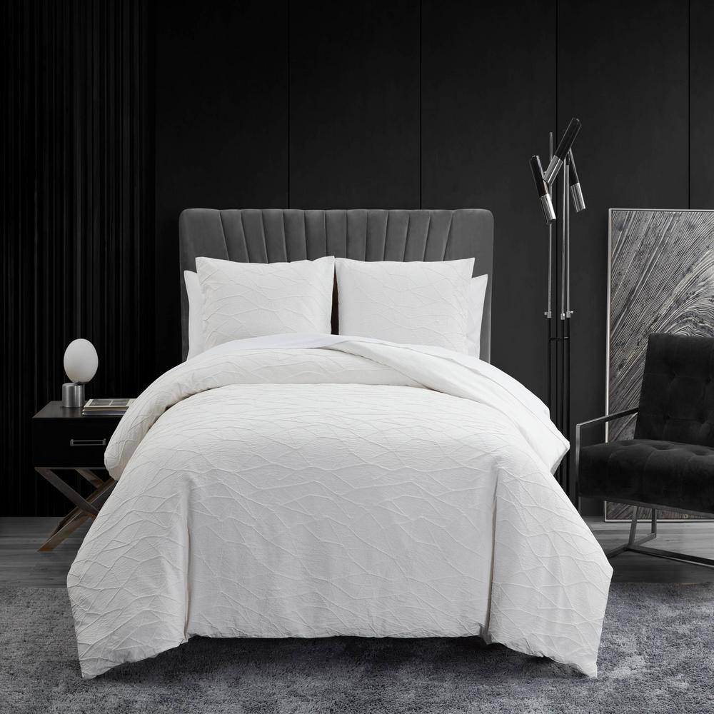 VERA WANG Abstract Crinkle 3-Piece White Cotton Blend King Comforter Set - 1