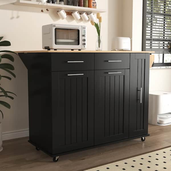 FAMYYT Rolling Black Drop Leaf Rubber Wood Tabletop 46 in. Kitchen Island with 3-Tier Pull-Out Cabinet and Adjustable Shelves
