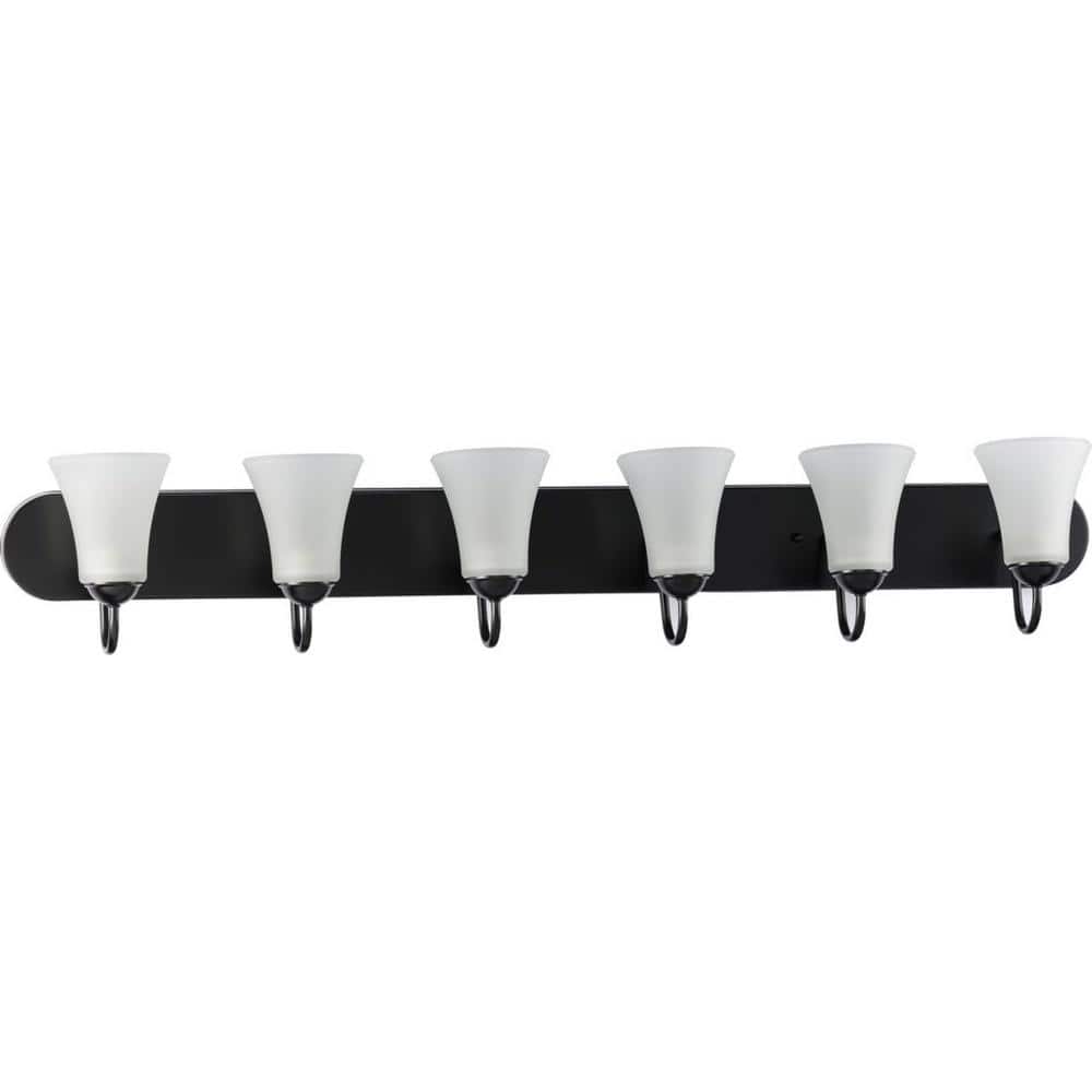 Classic Black 6-Light Bath Wall Fixture with Etched Glass Shades
