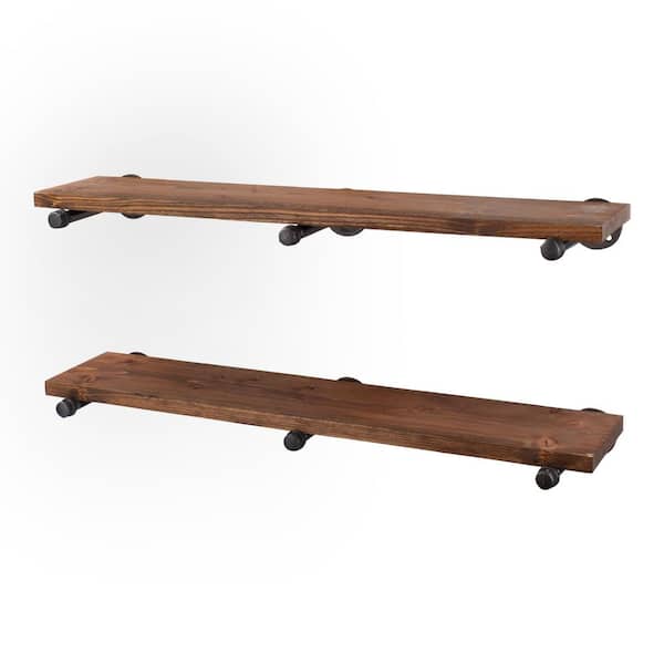 PIPE DECOR 36 in. x 7.5 in. x 6.75 in. Autumn Brown Restore Wood Decorative Wall Shelf with Industrial Steel Pipe Straight Brackets