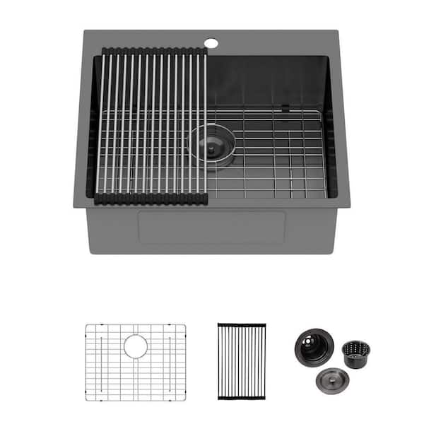 TCYO 25 in. Drop-In Single Bowl 18 Gauge Black Stainless Steel