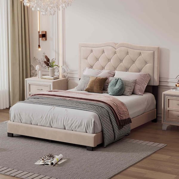 Beige Wood Frame Full Size Platform Bed with Rivet Design, Tufted Headboard