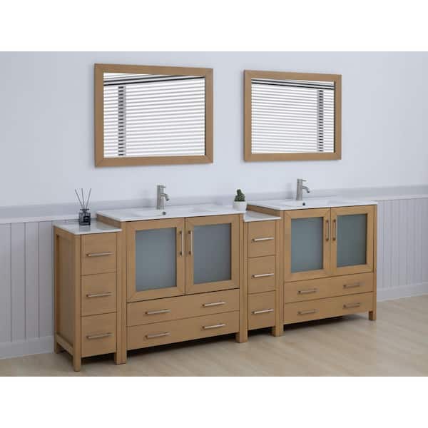 84 in. W x 18 in. D x 36 in. H Natural Oak Bath Vanity with White Ceramic Top and Mirror