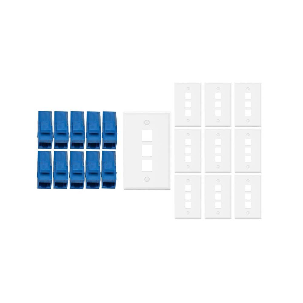 10-Wall Plates Single Gang 3-Port White and 10-Cat6 RJ45 Keystone Inline Couplers Blue price history on PriceWatchPro