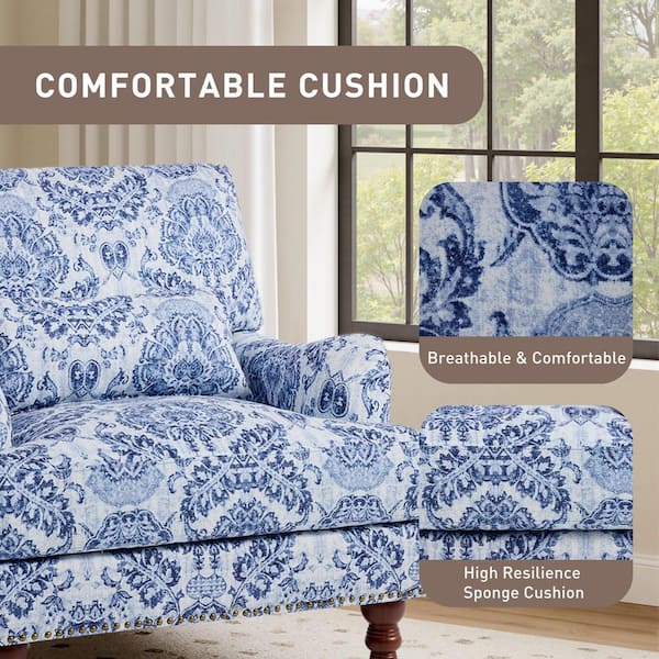 Uixe Navy Flared Arm Linen Arm Chair with Wood Legs (Set of 1) FOP