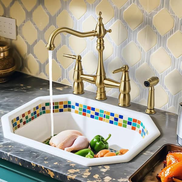 Double Handle Brass Vintage Bridge Kitchen Sink Faucet with Side Sprayer and Supply Lines in Brushed Gold