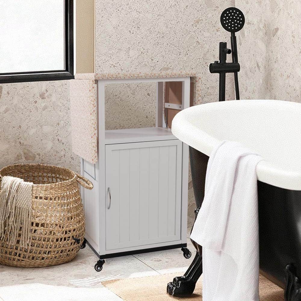 White 37.2 in. H Deluxe Wood Ironing Board with Storage Cabinet on Wheel wi