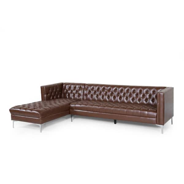 Noble House Conneaut 113.5 in. 2-Piece Dark Brown L-Shape Faux Leather Chaise Sectional Sofa in Silver