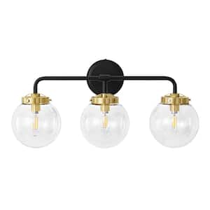 Modern 22.44 in. 3-Light Black and Gold Bathroom Vanity Light Interior Powder Room with Clear Globe Glass Shades