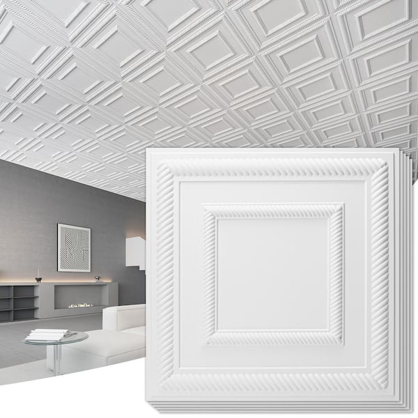 White 2 ft. x 2 ft. Decorative Drop In Ceiling Tile, PVC Lightweight Ceiling Panels to Prevent Breakage(48 sq.ft./case)