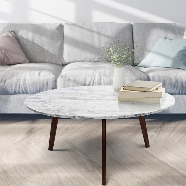AndMakers Stella 32 in. White/Walnut Medium Round Marble Coffee Table with Walnut Legs