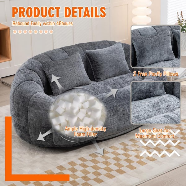 HOMEFUN 59 in. Gray Chenille 2-Seater Loveseat Bean Bag Chair Lazy