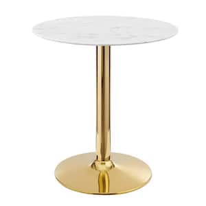 Verne 28 in. Round Artificial Marble Dining Table White Wood Top with Gold Metal Base